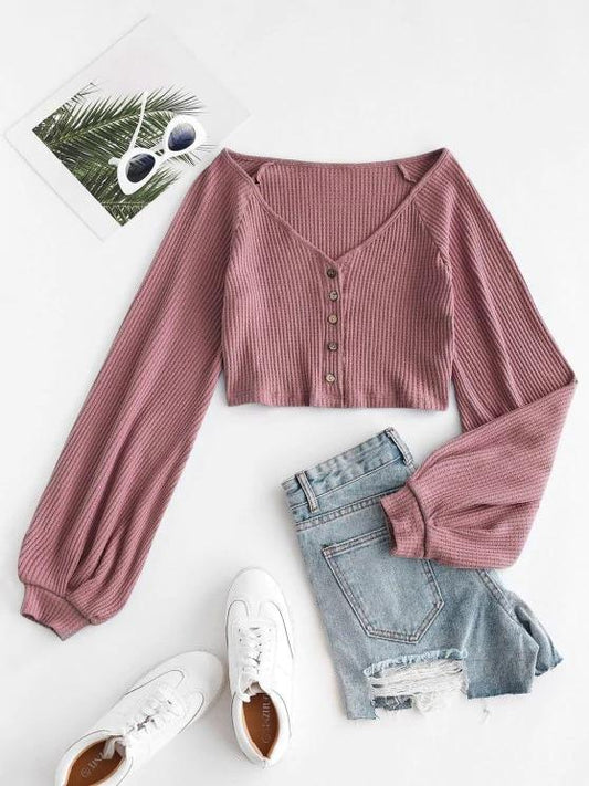 Knit Voluminous Sleeve Cropped Cardigan - LuckyFash™