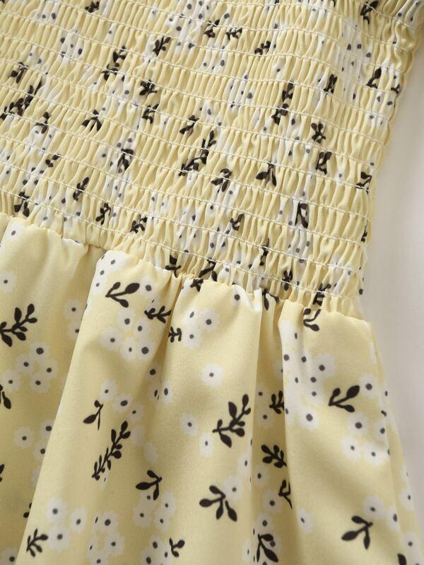 Knot Detail Ditsy Floral Shirred Dress - LuckyFash™
