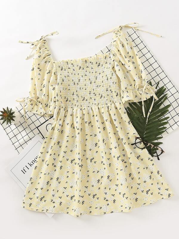 Knot Detail Ditsy Floral Shirred Dress - LuckyFash™