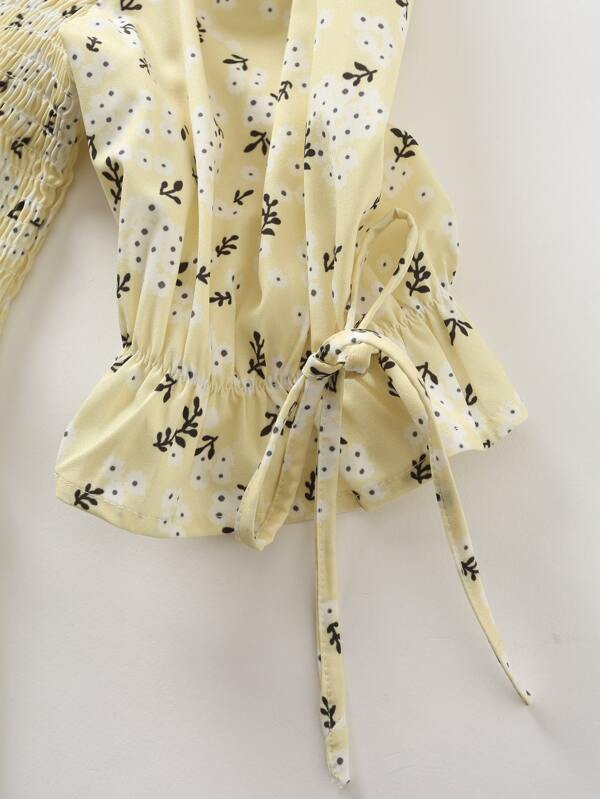 Knot Detail Ditsy Floral Shirred Dress - LuckyFash™
