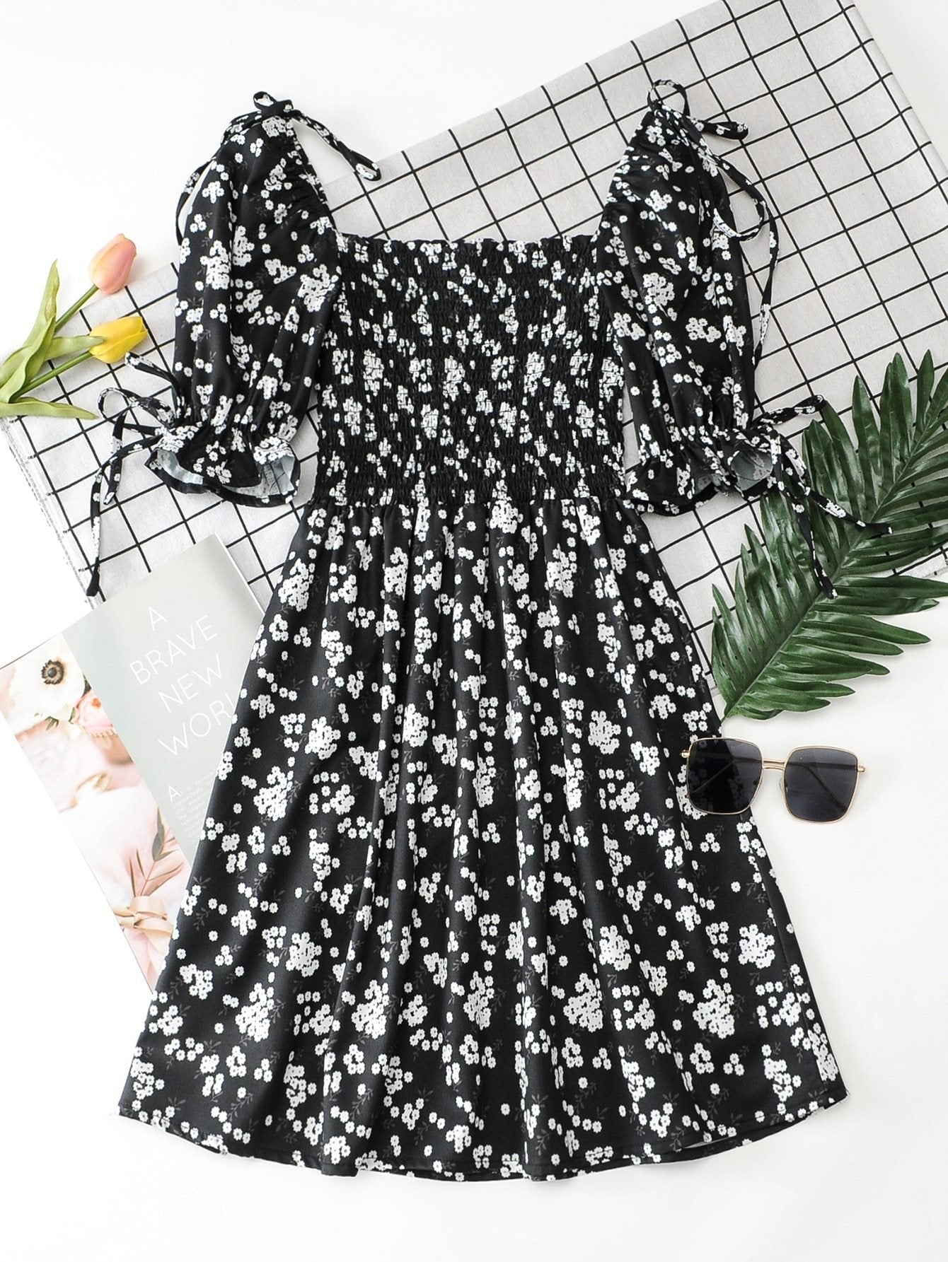 Knot Detail Ditsy Floral Shirred Dress - LuckyFash™