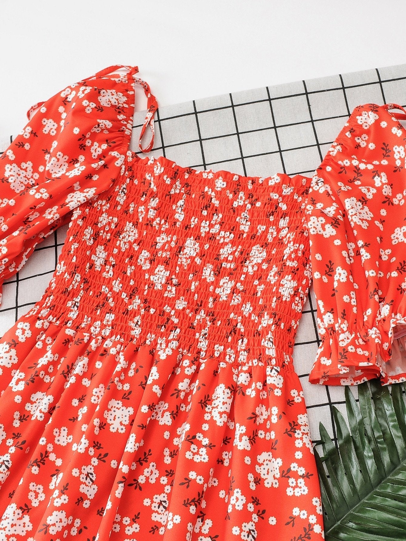 Knot Detail Ditsy Floral Shirred Dress - LuckyFash™