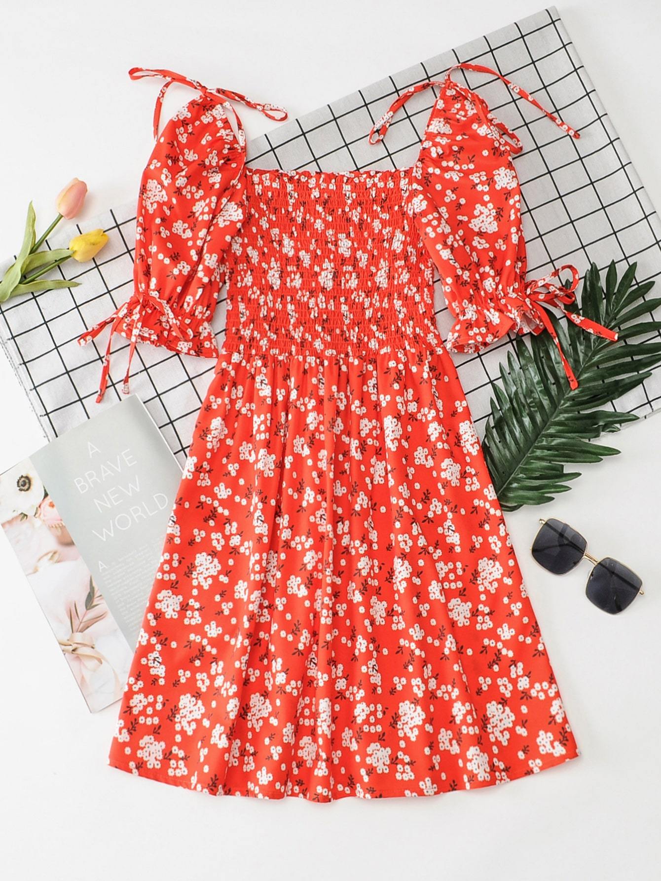 Knot Detail Ditsy Floral Shirred Dress - LuckyFash™