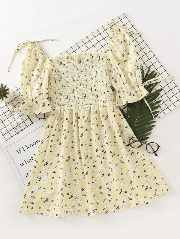 Knot Detail Ditsy Floral Shirred Dress - LuckyFash™