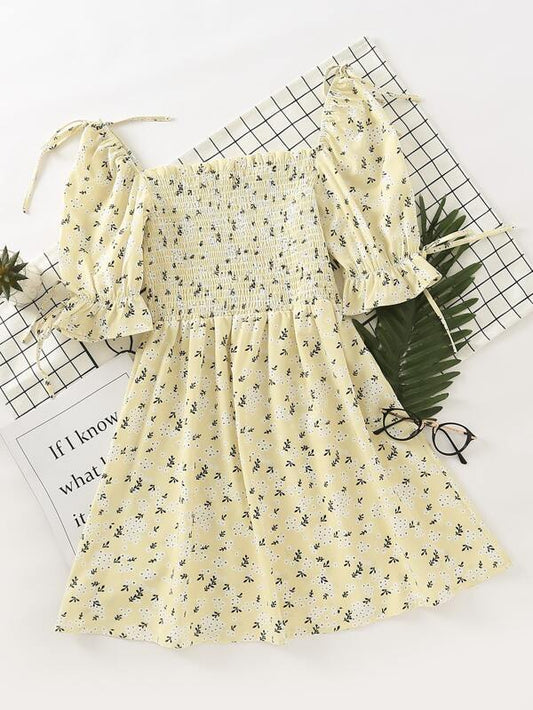 Knot Detail Ditsy Floral Shirred Dress - LuckyFash™