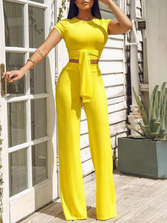 Knot Front Crop Top & Wide Leg Pants Set - LuckyFash™