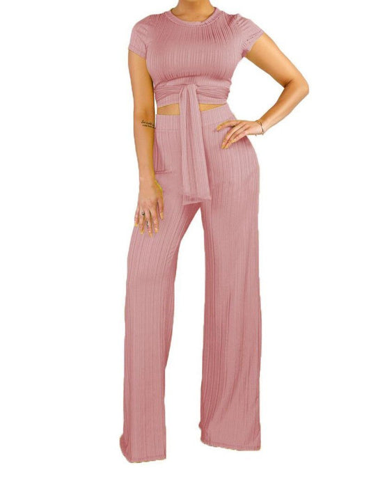 Knot Front Crop Top & Wide Leg Pants Set - LuckyFash™