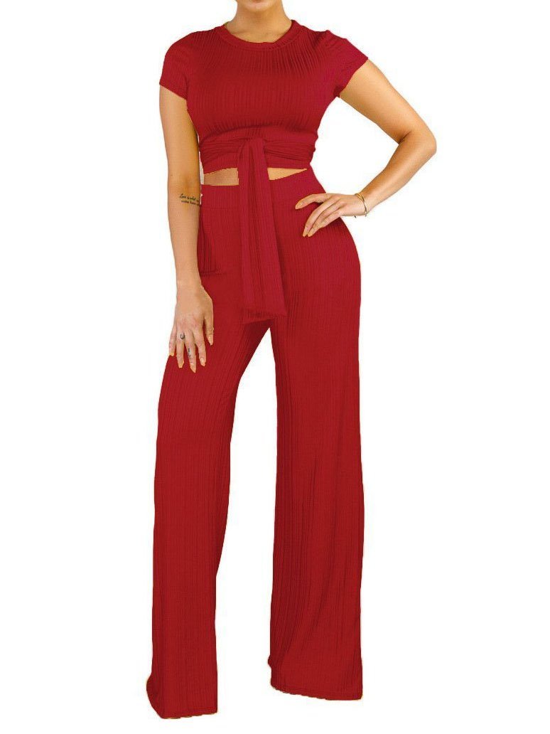 Knot Front Crop Top & Wide Leg Pants Set - LuckyFash™