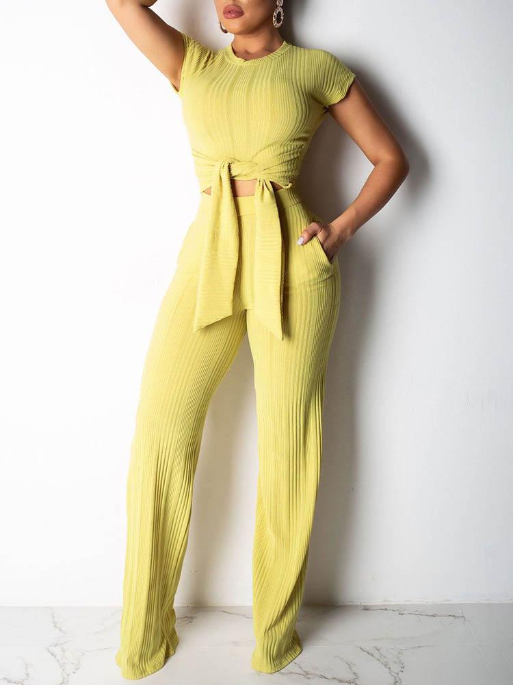 Knot Front Crop Top & Wide Leg Pants Set - LuckyFash™