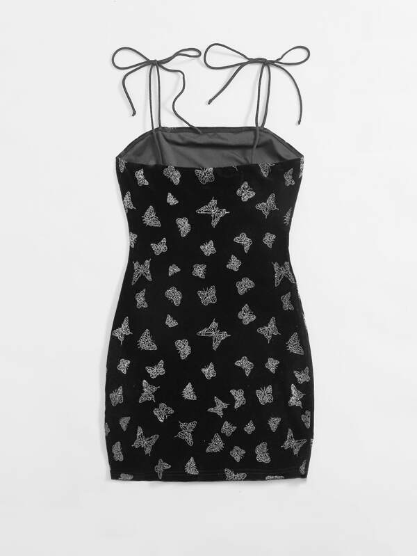 Knot Strap Split Hem Glitter Butterfly Velvet Dress - LuckyFash™