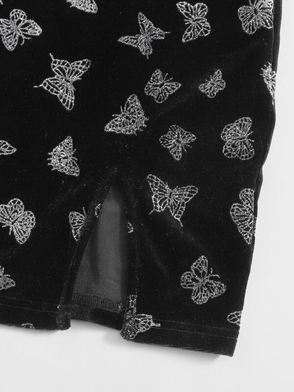 Knot Strap Split Hem Glitter Butterfly Velvet Dress - LuckyFash™