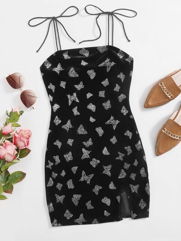 Knot Strap Split Hem Glitter Butterfly Velvet Dress - LuckyFash™