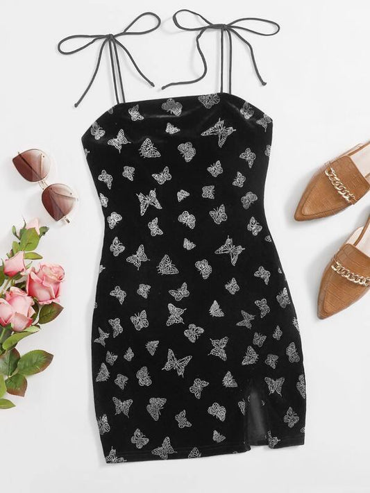 Knot Strap Split Hem Glitter Butterfly Velvet Dress - LuckyFash™