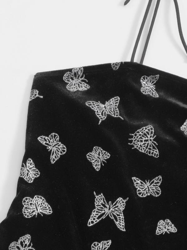 Knot Strap Split Hem Glitter Butterfly Velvet Dress - LuckyFash™
