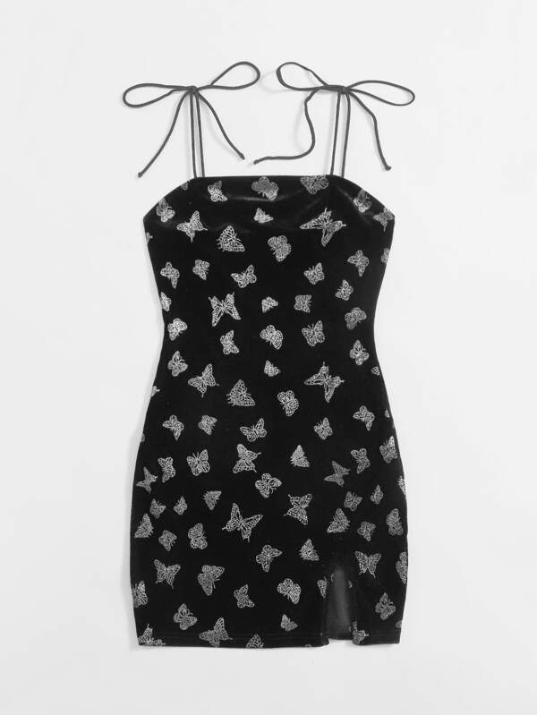 Knot Strap Split Hem Glitter Butterfly Velvet Dress - LuckyFash™