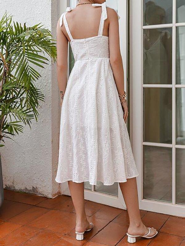 Knot Straps Tie Front Eyelet Embroidery Cami Dress - LuckyFash™