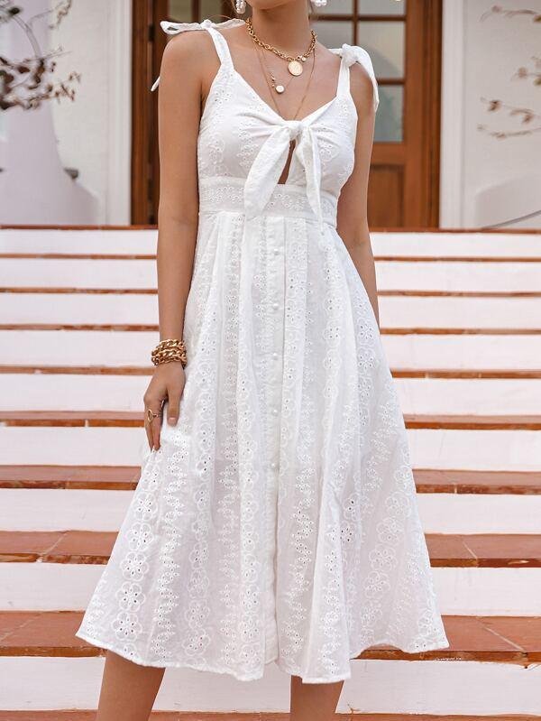 Knot Straps Tie Front Eyelet Embroidery Cami Dress - LuckyFash™