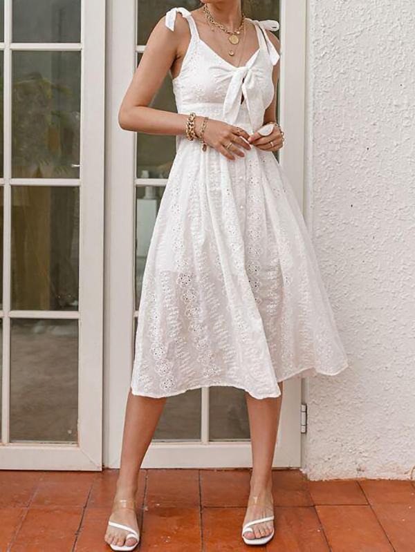 Knot Straps Tie Front Eyelet Embroidery Cami Dress - LuckyFash™