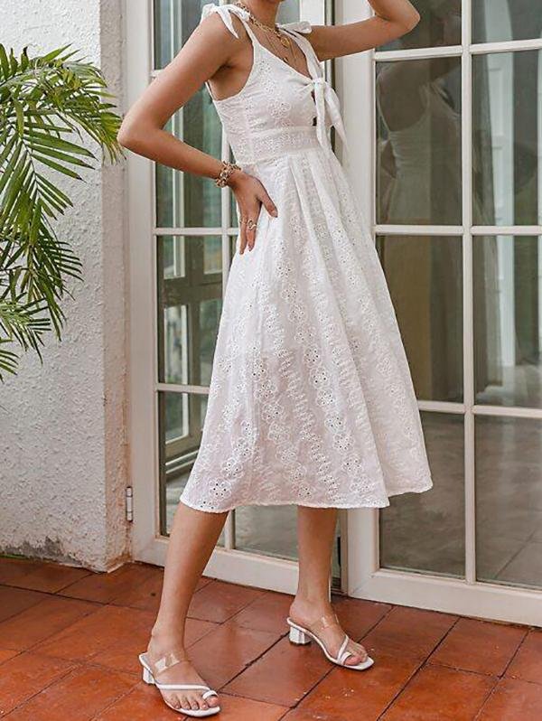 Knot Straps Tie Front Eyelet Embroidery Cami Dress - LuckyFash™