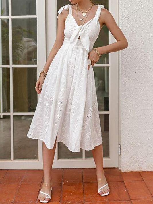 Knot Straps Tie Front Eyelet Embroidery Cami Dress - LuckyFash™