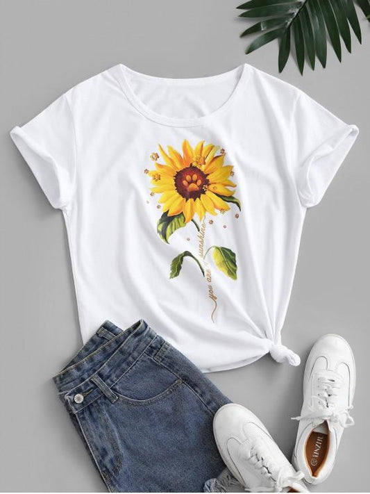 Knotted 3D Sunflower Print Basic Cotton Tee - LuckyFash™
