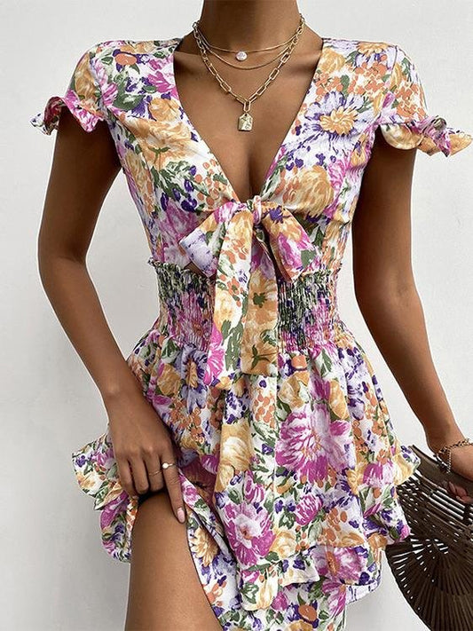 Knotted Print Ruffled V-neck Short Dress - LuckyFash™
