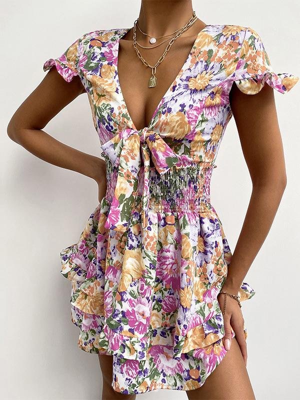 Knotted Print Ruffled V-neck Short Dress - LuckyFash™