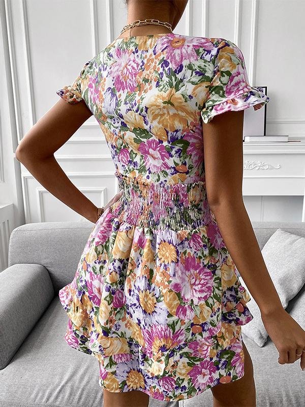 Knotted Print Ruffled V-neck Short Dress - LuckyFash™
