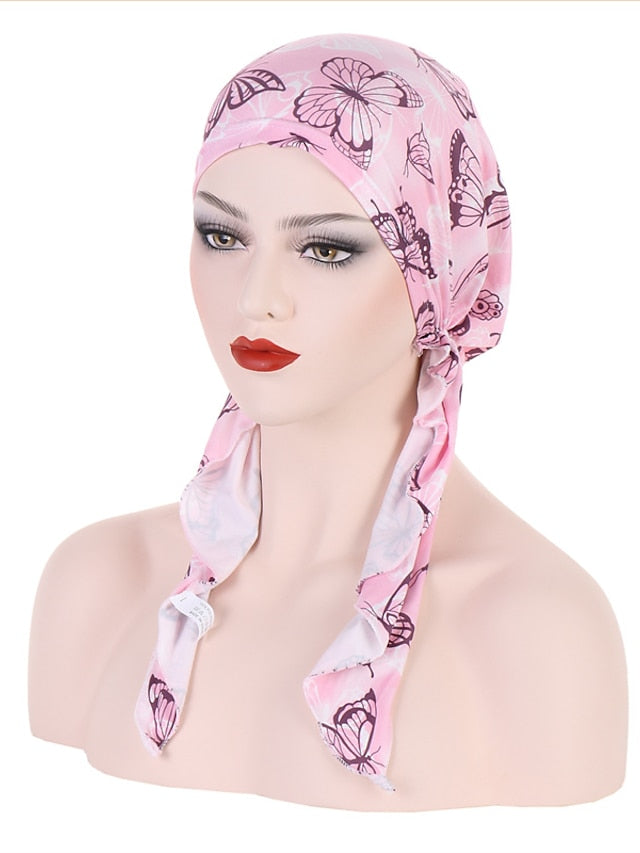Women Printed Pre-tie Headscarf Elastic Muslim Female Turban Soft Hat Hair Loss Cover Head Wrap Headwear Stretch Bandana - LuckyFash™