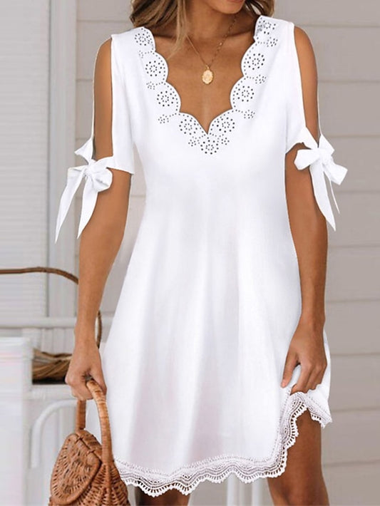 Women's Lace Dress White Dress A Line Dress Mini Dress White Short Sleeve Pure Color Lace Summer Spring V Neck Stylish 2023 S M L XL XXL - LuckyFash™