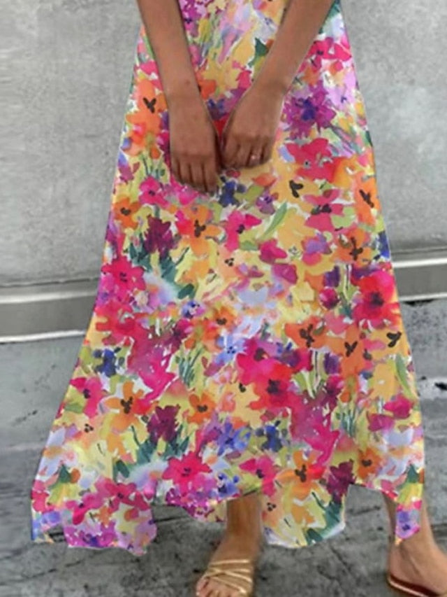 Women's Floral Print V Neck A Line Dress Maxi long Dress Yellow Short Sleeve Print Spring Summer Stylish Vacation 2023 3XL - LuckyFash™