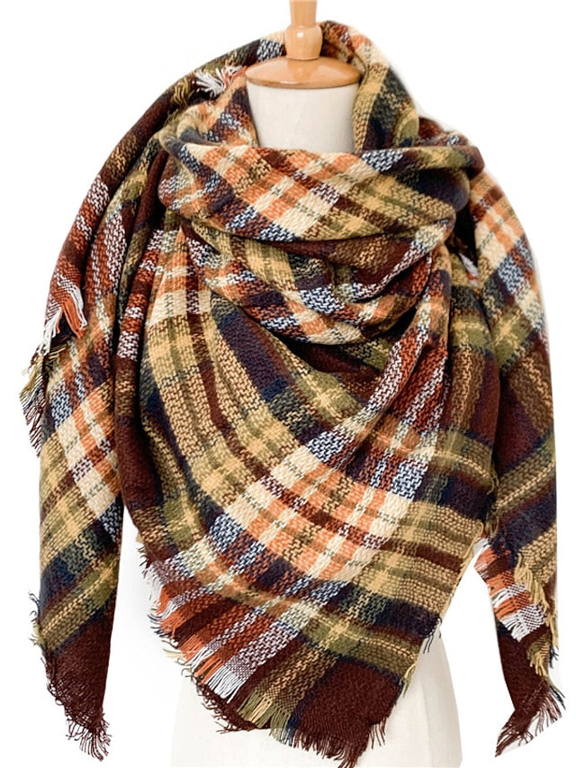 Women's Square Scarf Women's Shawls & Wraps Outdoor Dailywear Holiday White Brown Khaki Scarf Plaid - LuckyFash™