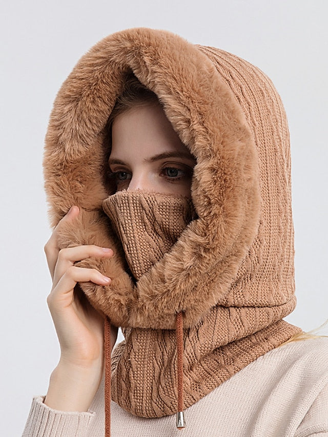 High Quality Winter Fur Cap Mask Set Hooded for Women Knitted Cashmere Neck Warm Outdoor Ski Windproof Hat Thick Plush Fluffy Beanies - LuckyFash™