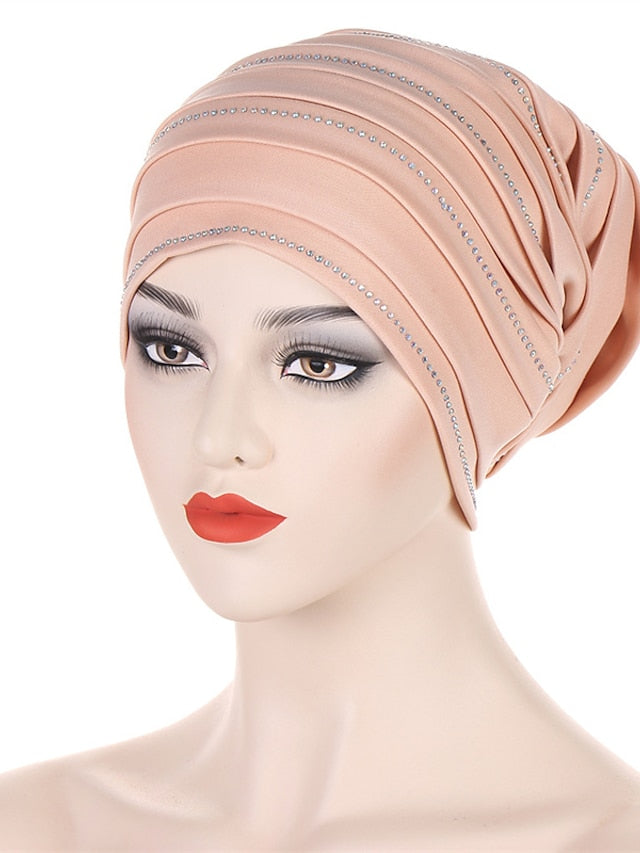 Rhinestones Women's Pleated Turban Cap African Hat Muslim Headscarf Bonnet Ladies Head Wraps - LuckyFash™