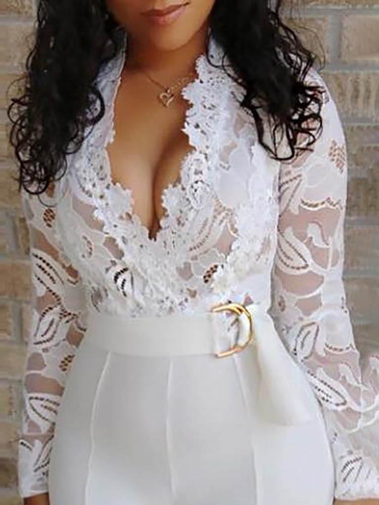 Lace Bodice Plunge Long Sleeve Jumpsuit - LuckyFash™