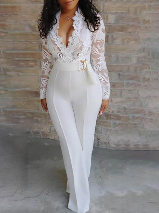 Lace Bodice Plunge Long Sleeve Jumpsuit - LuckyFash™