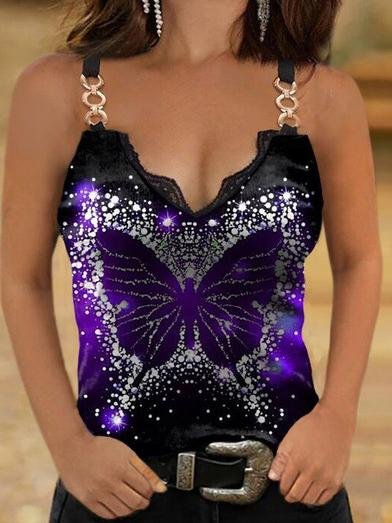 Lace Butterfly Print Casual Tank Tops - LuckyFash™