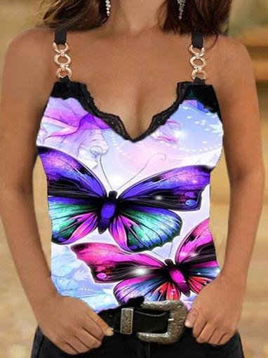 Lace Butterfly Print Casual Tank Tops - LuckyFash™