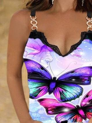 Lace Butterfly Print Casual Tank Tops - LuckyFash™