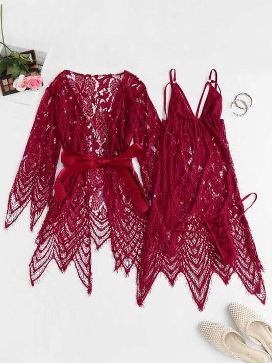 Lace Eyelash See Thru Sexy Lingerie Babydoll with Robe - LuckyFash™
