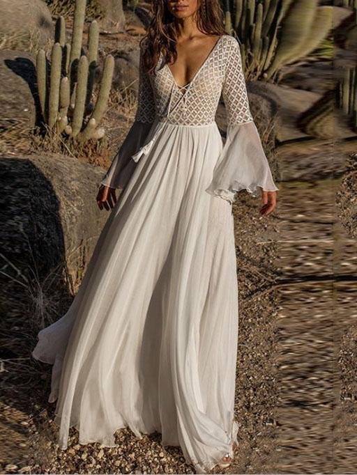 Lace Hollow Flared Sleeve Holiday Long Dress - LuckyFash™