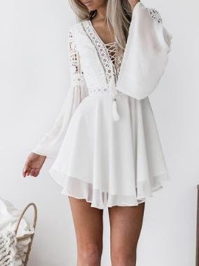 Lace Hollow V-Neck Flared Long Sleeve Chiffon Dress - LuckyFash™