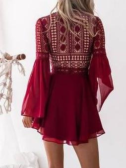 Lace Hollow V-Neck Flared Long Sleeve Chiffon Dress - LuckyFash™