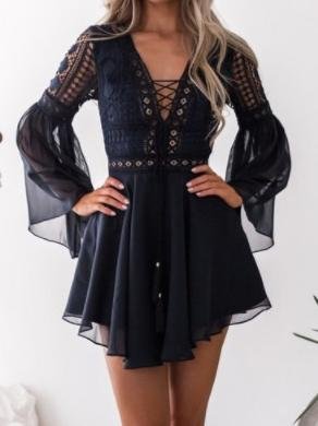 Lace Hollow V-Neck Flared Long Sleeve Chiffon Dress - LuckyFash™
