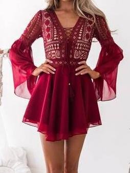 Lace Hollow V-Neck Flared Long Sleeve Chiffon Dress - LuckyFash™