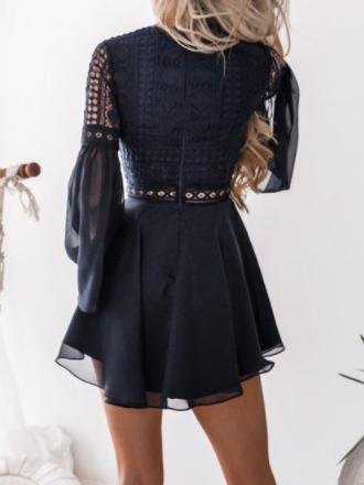 Lace Hollow V-Neck Flared Long Sleeve Chiffon Dress - LuckyFash™