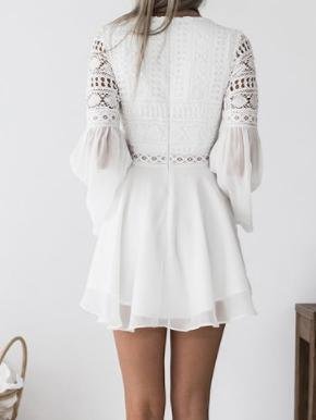 Lace Hollow V-Neck Flared Long Sleeve Chiffon Dress - LuckyFash™