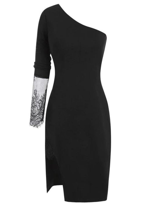 Lace Insert Side Slit One Shoulder Dress - LuckyFash™