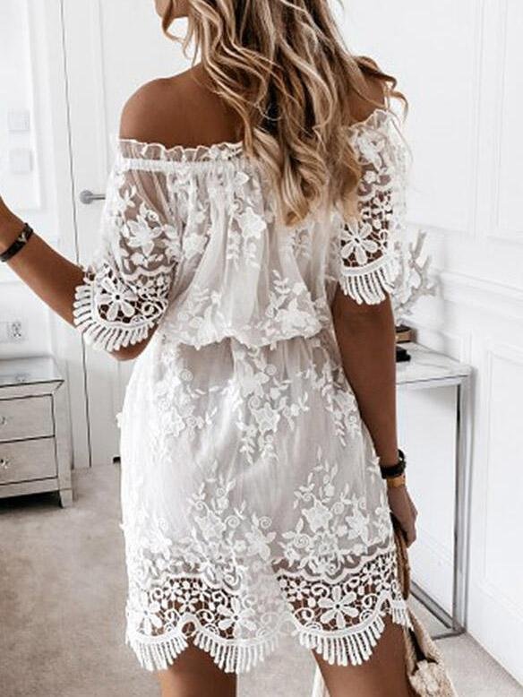 Lace One Shoulder Short Sleeve Mini Dress - LuckyFash™