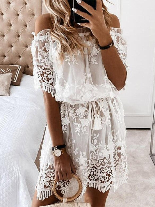 Lace One Shoulder Short Sleeve Mini Dress - LuckyFash™